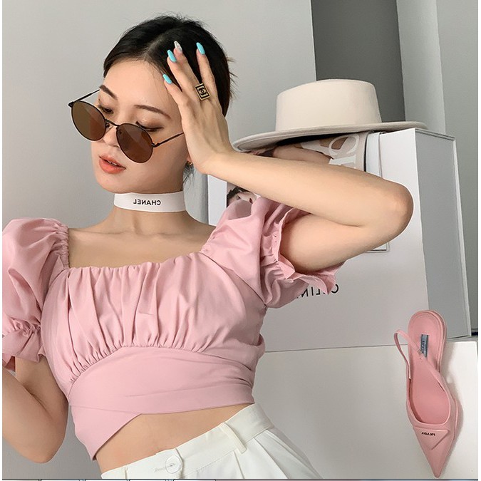 Áo croptop tay phồng có buộc dây sau lưng phong cách Pháp ngọt ngào cho nữ