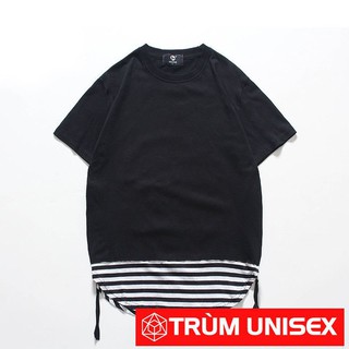 [Trùm Unisex] Áo Thun Cotton - Áo Phông Nam - Áo Phông Không Nam Tay Lỡ Lai Bầu Zip Sọc ngang dây