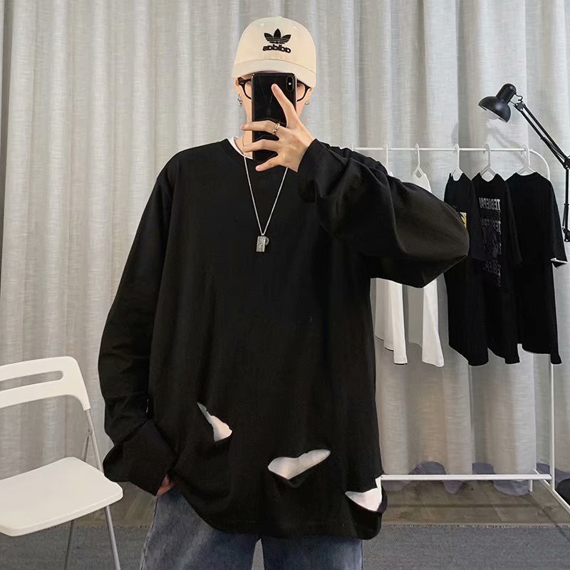 Áo thun dài tay dáng rộng rách phong cách hiphop Hàn Quốc cá tính size M-3XL | BigBuy360 - bigbuy360.vn