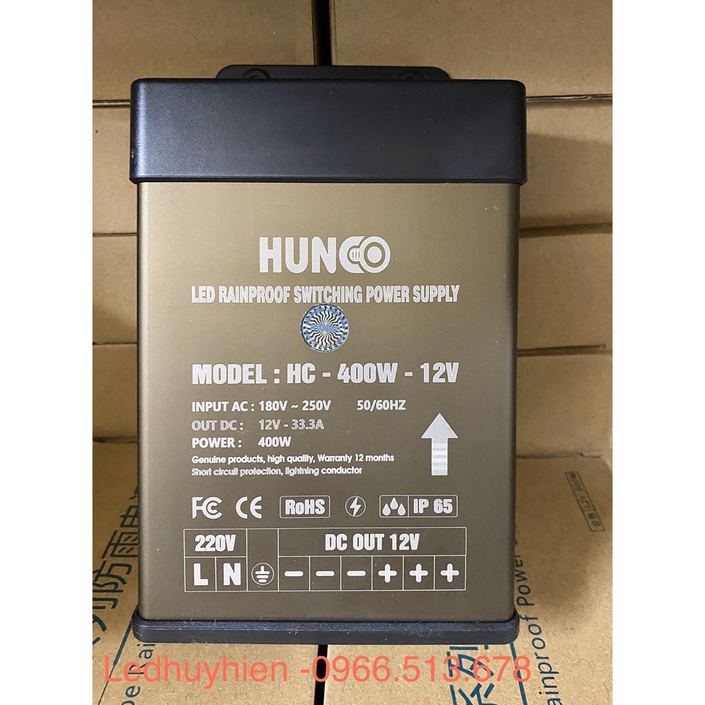 Nguồn led 12v 33A 400w chống nước ngoài trời,  (nguồn 12v 400w ngoài trời) HUNCO đồng