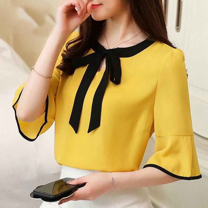 Áo kiểu vải voan tay ngắn thắt nơ màu trơn size đại dành cho nữ