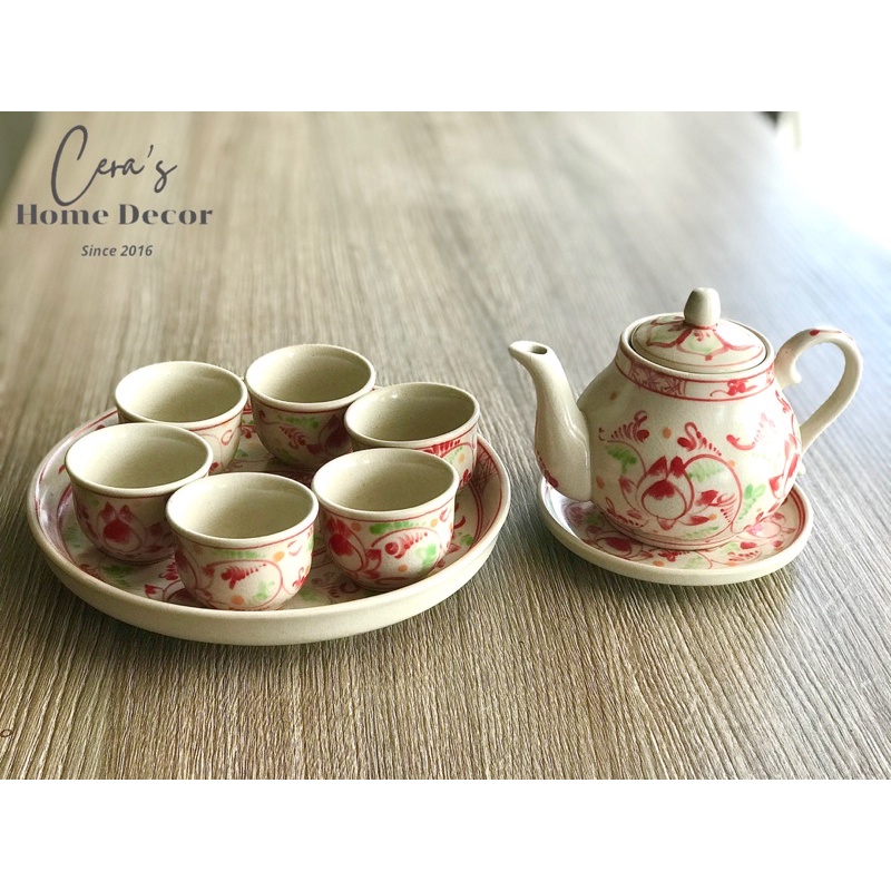 BỘ ẤM CHÉN TRÀ MEN RẠN CỔ GỐM BÁT TRÀNG HOẠ TIẾT HOA SEN ĐỎ VẼ TAY
