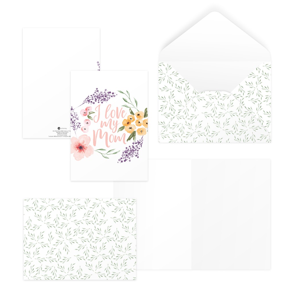 Bộ 4 thiệp 12,5x17,6 SDstationery PURPLE LOVE FOR MOM hoa màu nước chữ viết tay tặng mẹ mother’s day ngày phụ nữ Vu Lan