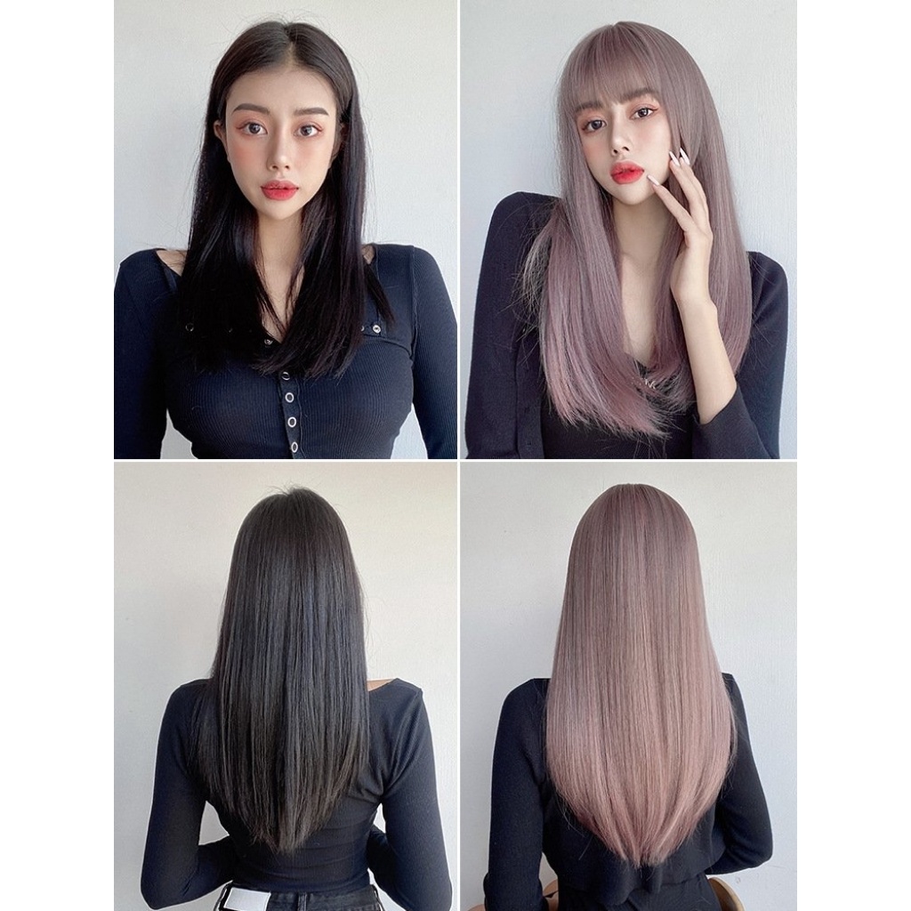 Tóc giả nữ nguyên đầu thằng lỡ màu hồng khói, tặng wig