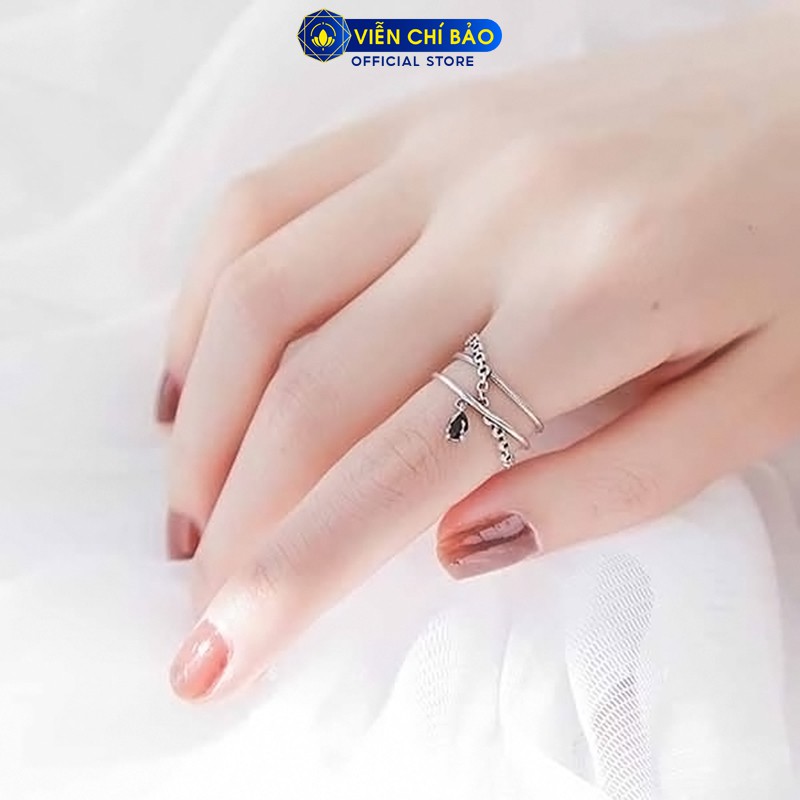Nhẫn bạc nữ xích trơn chéo đính đá đen chất liệu bạc Thái S925 thời trang phụ kiện trang sức nữ Viễn Chí Bảo N000277