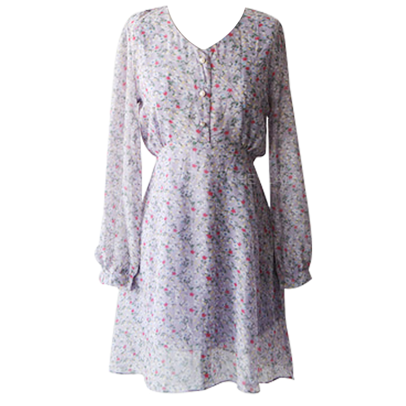 Đầm tay dài cổ chữ V họa tiết hoa nhí nữ tính