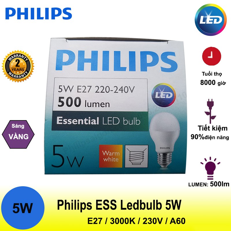 [Hàng Chính Hãng] Bóng đèn LED PHILIPS Essential ESS Bulb E27 A60, Bóng đèn tiết kiệm điện 5W-13W chất lượng sáng cao