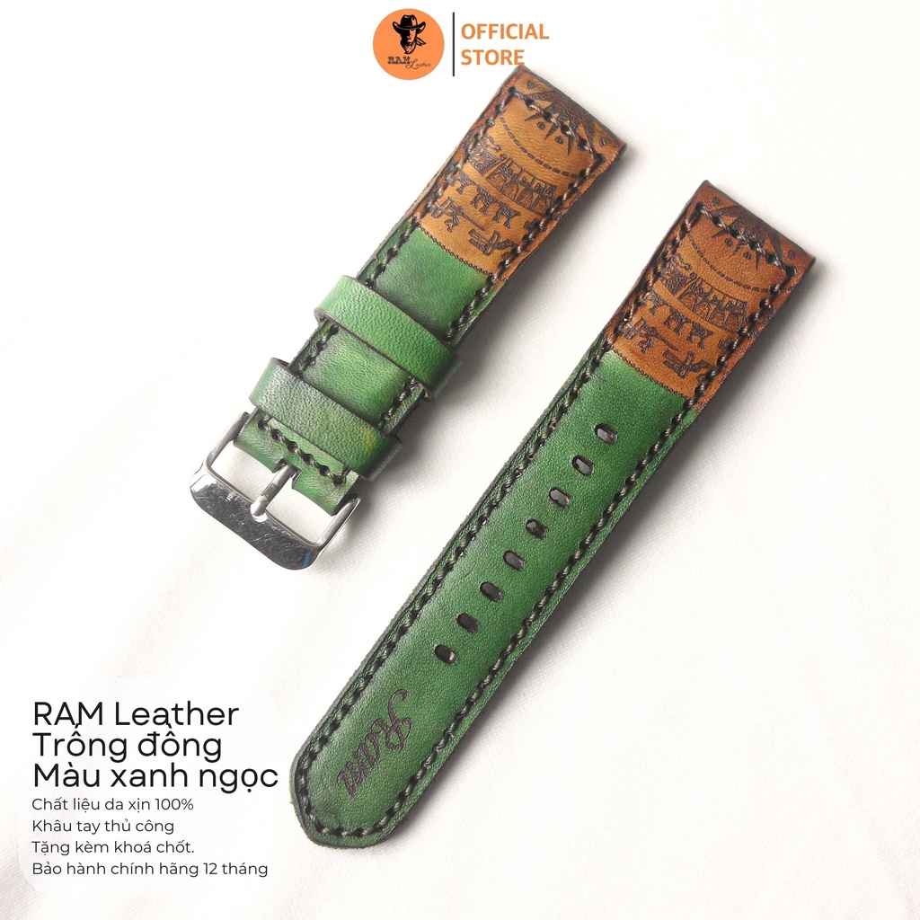 Dây đồng hồ trống đồng da bò vegtan màu xanh ngọc - RAM Leather