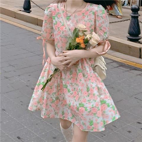 Đầm Búp Bê Tay Phồng In Hoa Kiểu Pháp Dễ Thương