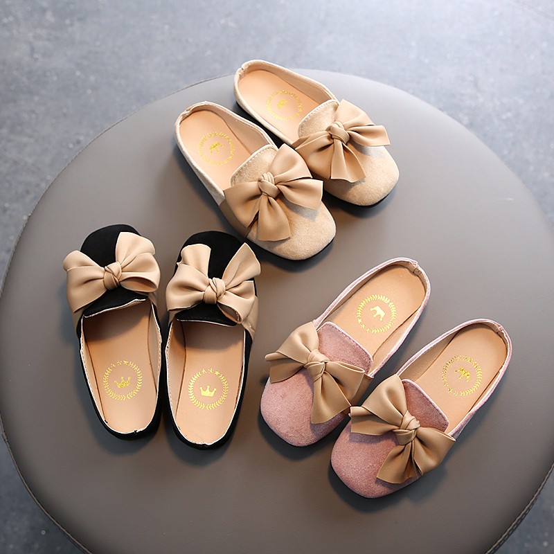 Giày búp bê đế cao su gắn nơ kiểu công chúa thời trang mềm mại cho bé gái