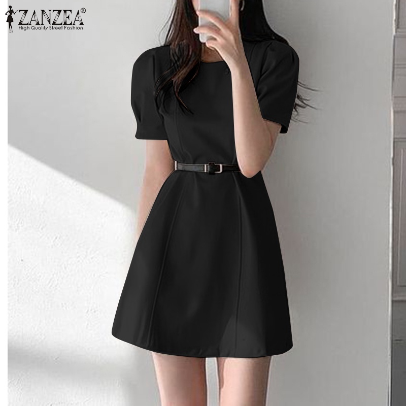 Đầm mini Zanzea tay ngắn phồng màu trơn dáng rộng có khóa kéo sau lưng thời trang cho nữ