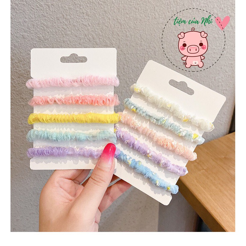 Set 5 scrunchies dây buộc tóc vải voan nữ dây cột tóc bé gái gắn trái cây, động vật, máy ảnh Hàn Quốc Tiệm Của Nhi CT001