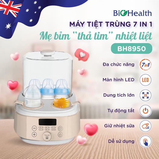 Máy Hâm Sữa Đa Năng 7in1 - Tiệt Trùng, Sấy Khô, Hâm Sữa, Rã Đông - Chứa 3 Bình Sữa - Biohealth BH8950