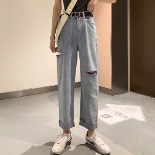 [ORDER] Quần jeans xanh nhạt rách gối dáng baggy cạp cao