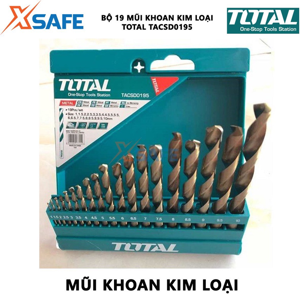 Bộ 19 mũi khoan hss TOTAL TACSD0195 Combo mũi khoan kim loại 19 mũi kích thước 1-10mm, mũi khoan hợp kim thép bền bỉ