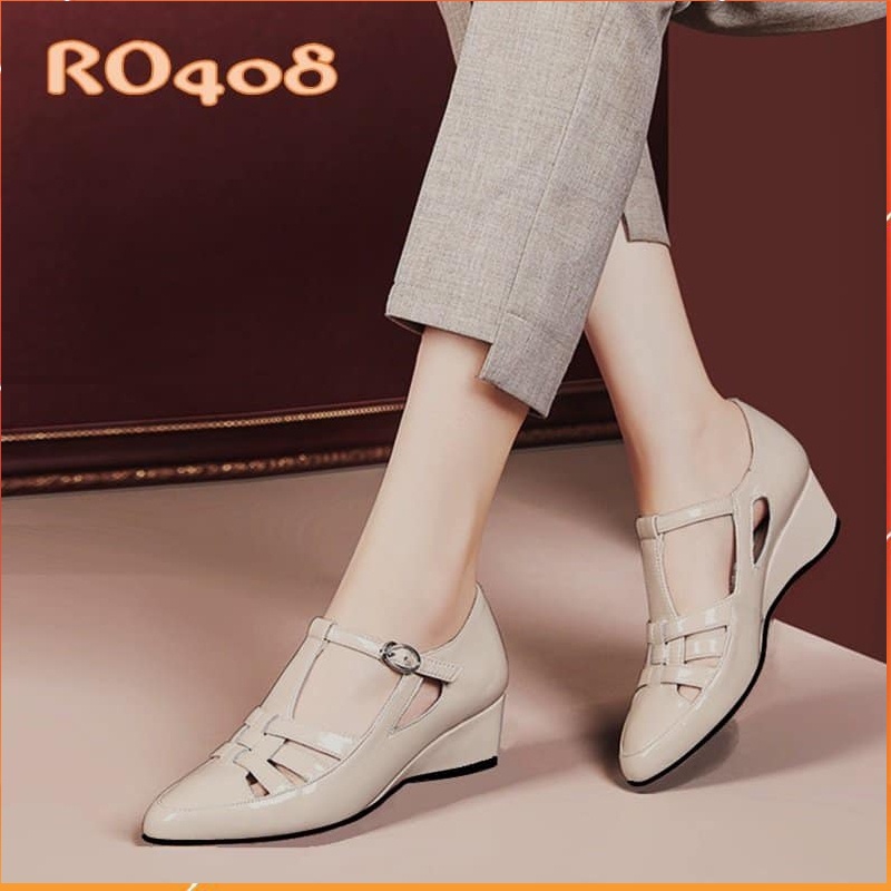 Giày sandal nữ cao gót 2 phân hàng hiệu rosata hai màu nâu kem ro408