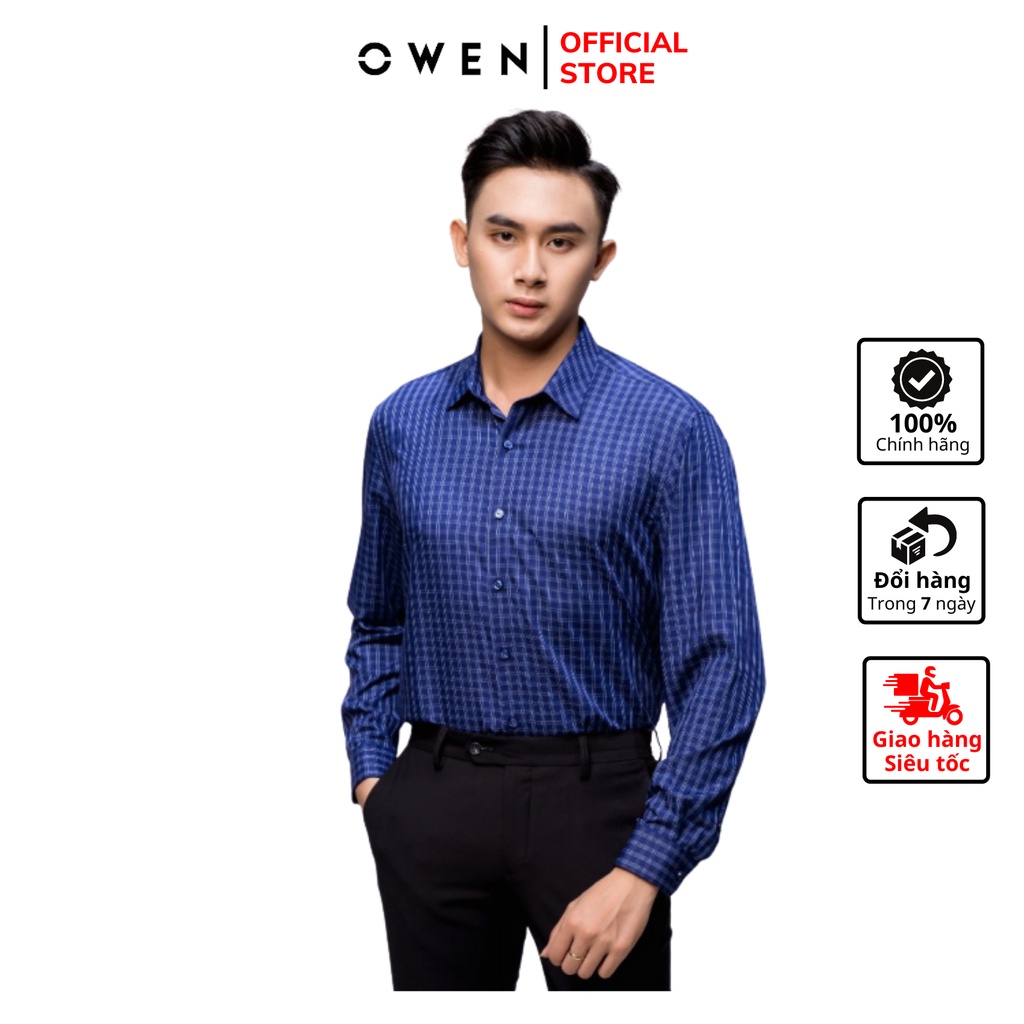 Áo Sơ Mi Nam Tay Dài Owen AR22747D Màu Kẻ Caro Xanh Đậm Dáng Regular Fit Không Túi Chất Liệu Sợi Tre Cao Cấp