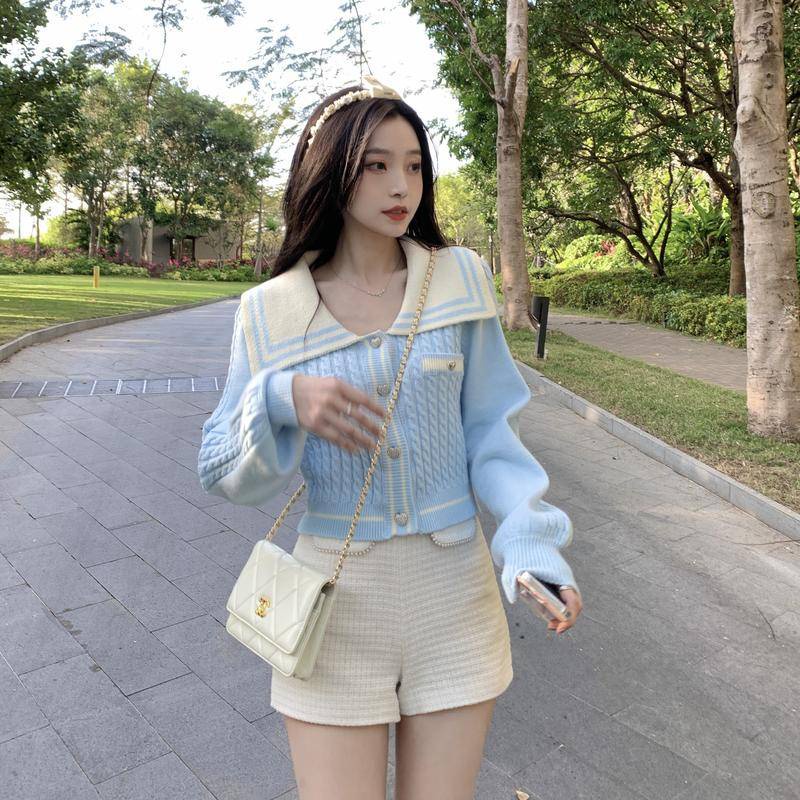Áo Khoác Cardigan Dệt Kim Dáng Ngắn Màu Sắc Tương Phản Thời Trang Thu Đông Cho Nữ