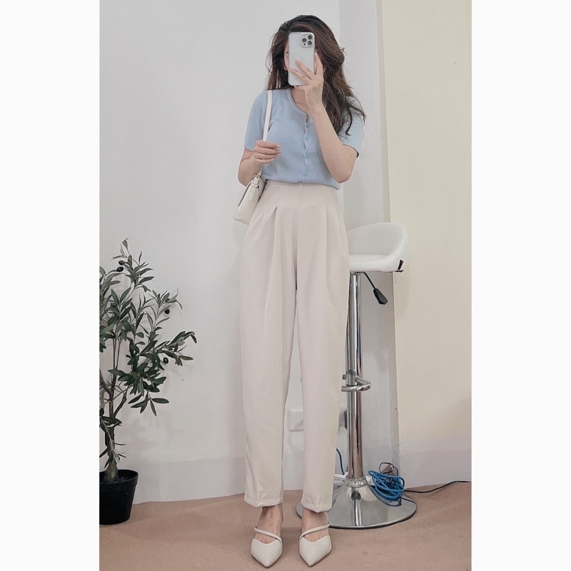 Quần baggy vải phong cách công sở dáng basic có túi quần khoá sau