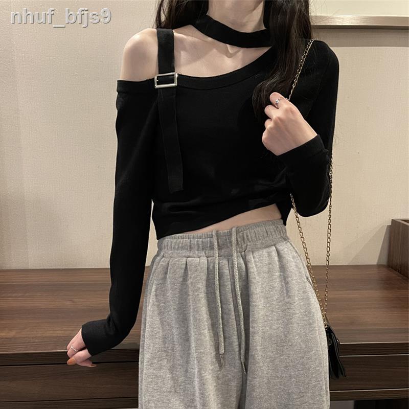 №✿Thiết kế áo len đan dây trễ vai nữ lệch màu đen phiên bản mùa thu Hàn Quốc 2021 dài tay mỏng và mới