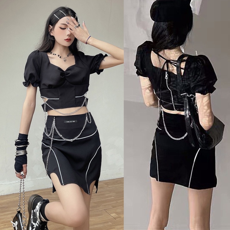 Brroa Goth Chân Váy Ngắn Mini Mỏng Lưng Cao Kẻ Sọc Phản Quang Trang Trí Đường Phố Cho Nữ