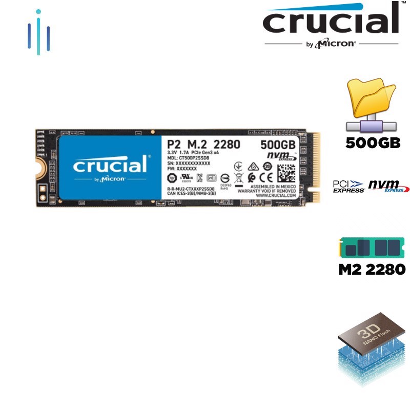 Ổ cứng SSD Crucial P2 500GB NVMe 3D-NAND M.2 2280 PCIe Gen3 x4 CT500P2SSD8