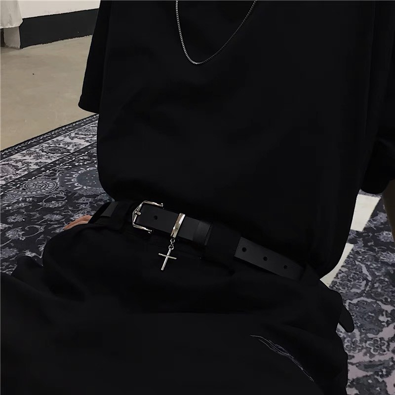 Thắt lưng Da Nam Nữ phong cách Hip hop trẻ trung TLN002 - Dây nịt da đen chữ thập bản nhỏ 2.3cm