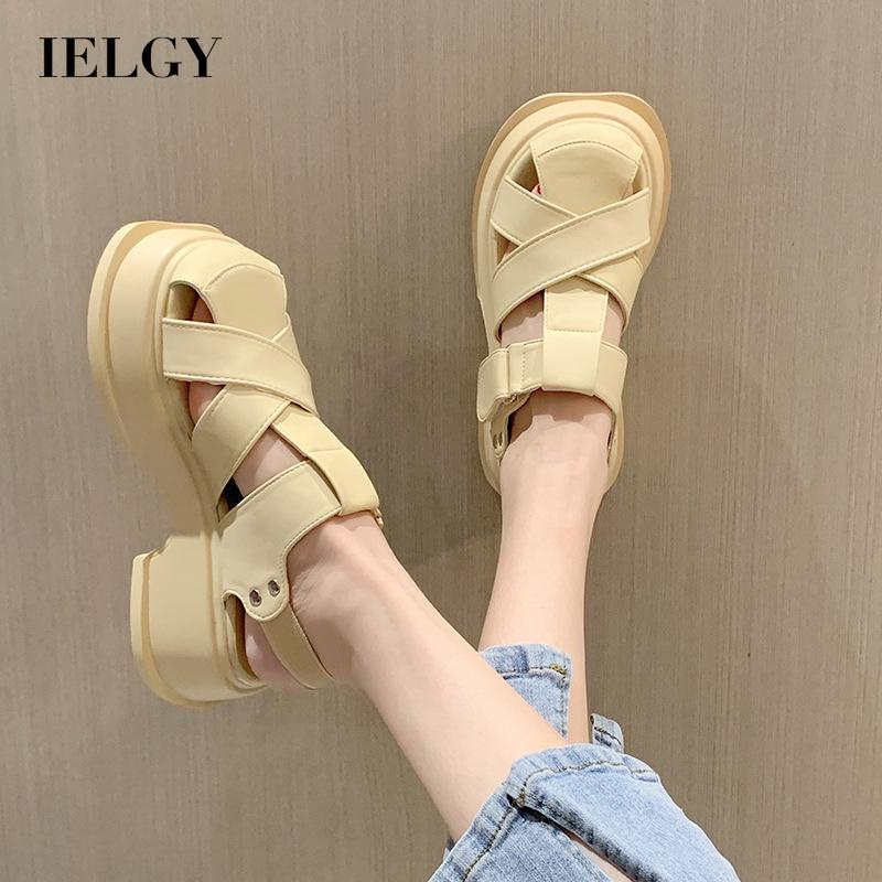 Giày sandal đế dày IELGY mũi tròn màu sắc retro thời trang dành cho nữ