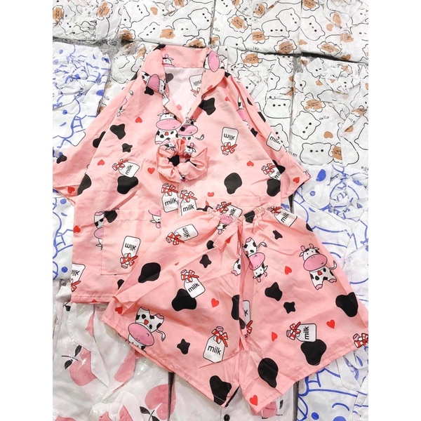 Bộ Pijama Hình Cộc Tay Nữ Tặng Kèm Dây Buộc Tóc Scruncies,Bộ Đồ Mặc Nhà Siêu Kute Ulzzang Hot Hit(Ảnh Thật) | BigBuy360 - bigbuy360.vn