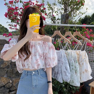 Áo kiểu tay ngắn trễ vai phối màu nhuộm
