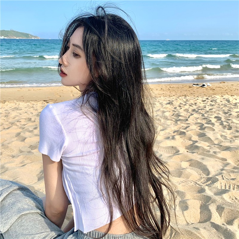 Cocory vn Áo croptop tay ngắn cổ tròn thiết kế độc cá tính cho nữ