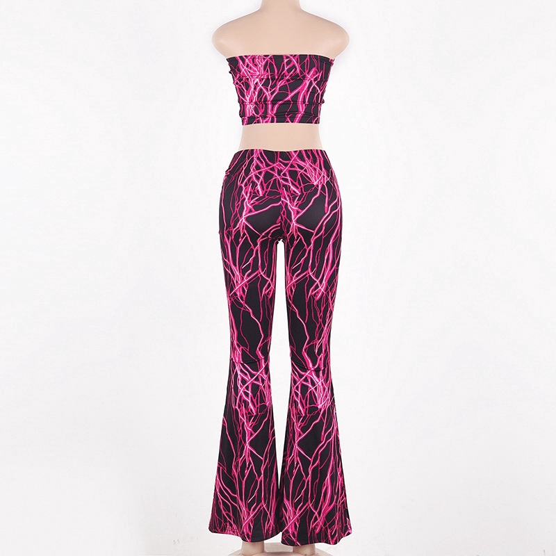 DUNEA Set Đồ 2 Mảnh Gồm Áo Croptop Và Quần Dài Ống Loe In Họa Tiết Bất Đối Xứng Thời Trang Dành Cho Nữ