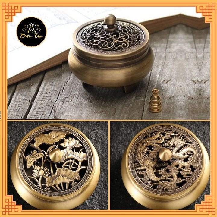 Lư đồng xông trầm hương đồ  thờ cúng xông trầm thay lư điện khắc sen tinh tế tặng kèm nhang vòng/ trầm nụ