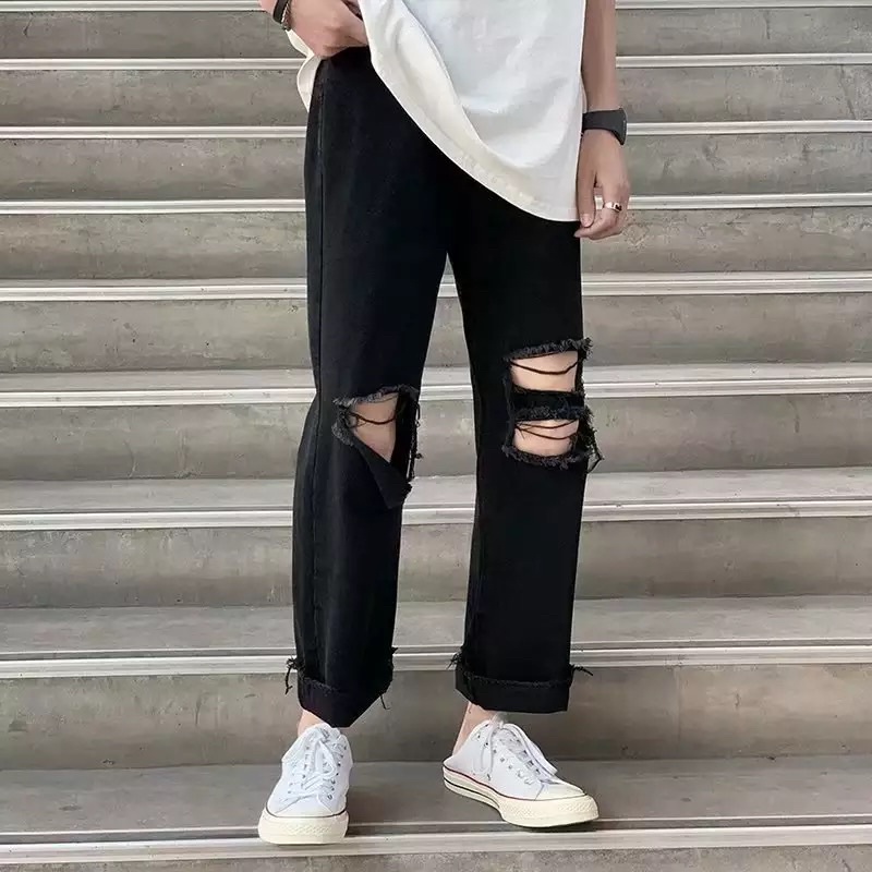 QUẦN BAGGY JEANS ỐNG RỘNG NAM T-A-NDÁNG SUÔNG PHONG CÁCH HÀN QUỐC-QJR24-THỜI TRANG UNISEX-có size NamNữ Rách màu đen