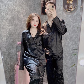 bộ pijama nam nữ, bộ đồ ngủ pijama chất lụa Tô Châu cao cấp mềm mại thoáng mát hoa văn LV