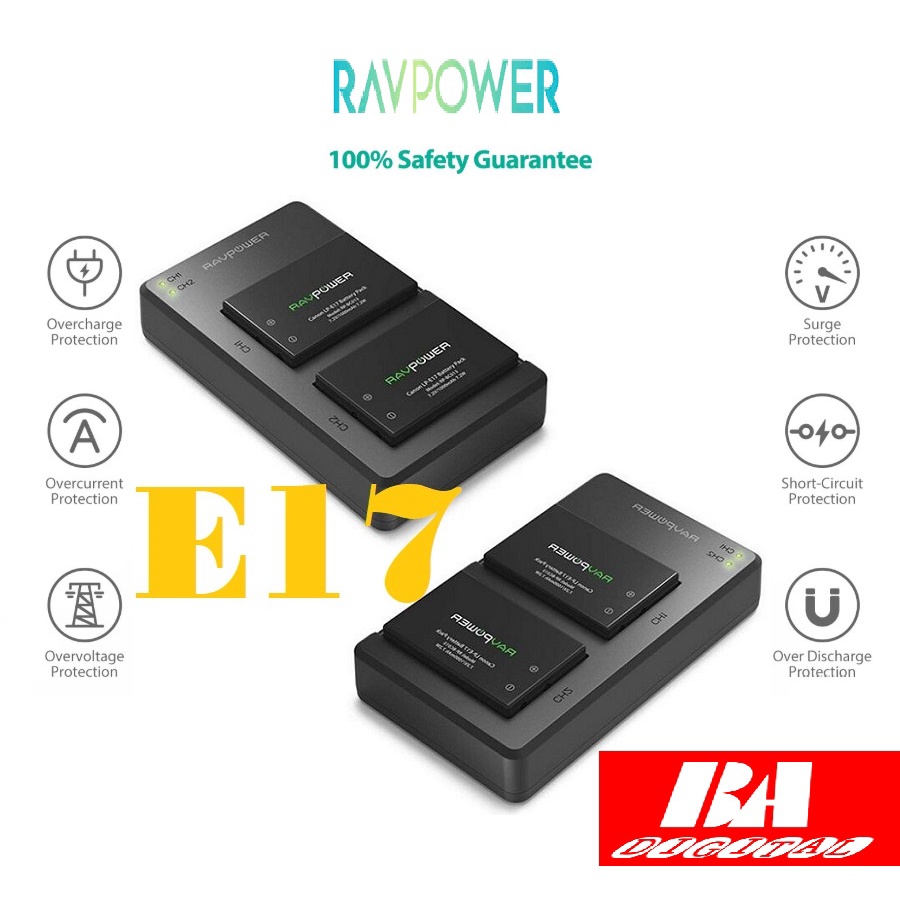 Bộ 2 PIN + SẠC ĐÔI Canon LP-E17 RAVPOWER Cho Canon 77D 750D 760D 800D 8000D 200D M3 M5 M6, EOS RP...