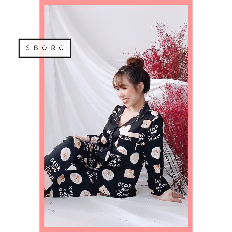 Bộ thu đông nữ SBORG lụa satin mềm mịn họa tiết cute pijama tay dài đồ bộ nữ có túi bigsize fly-sun quà tặng vợ