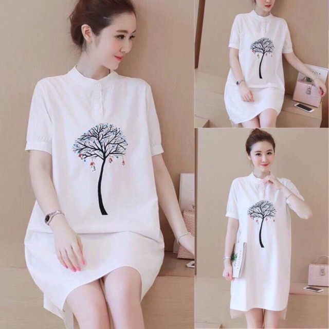 Đầm Bầu Cổ Trụ In Cây May Mắn, Váy Bầu