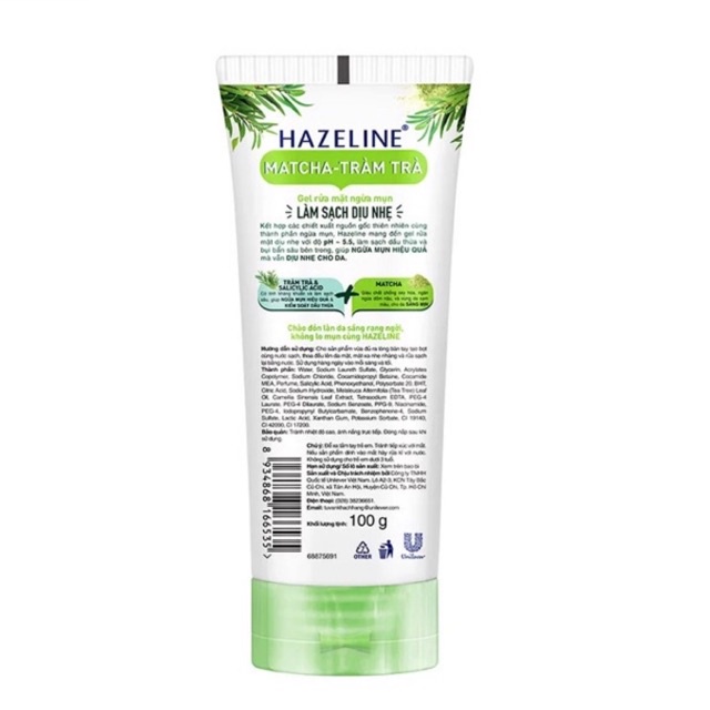 Gel Rửa Mặt HAZELINE Matcha Tràm Trà Ngừa Mụn 100g,50g