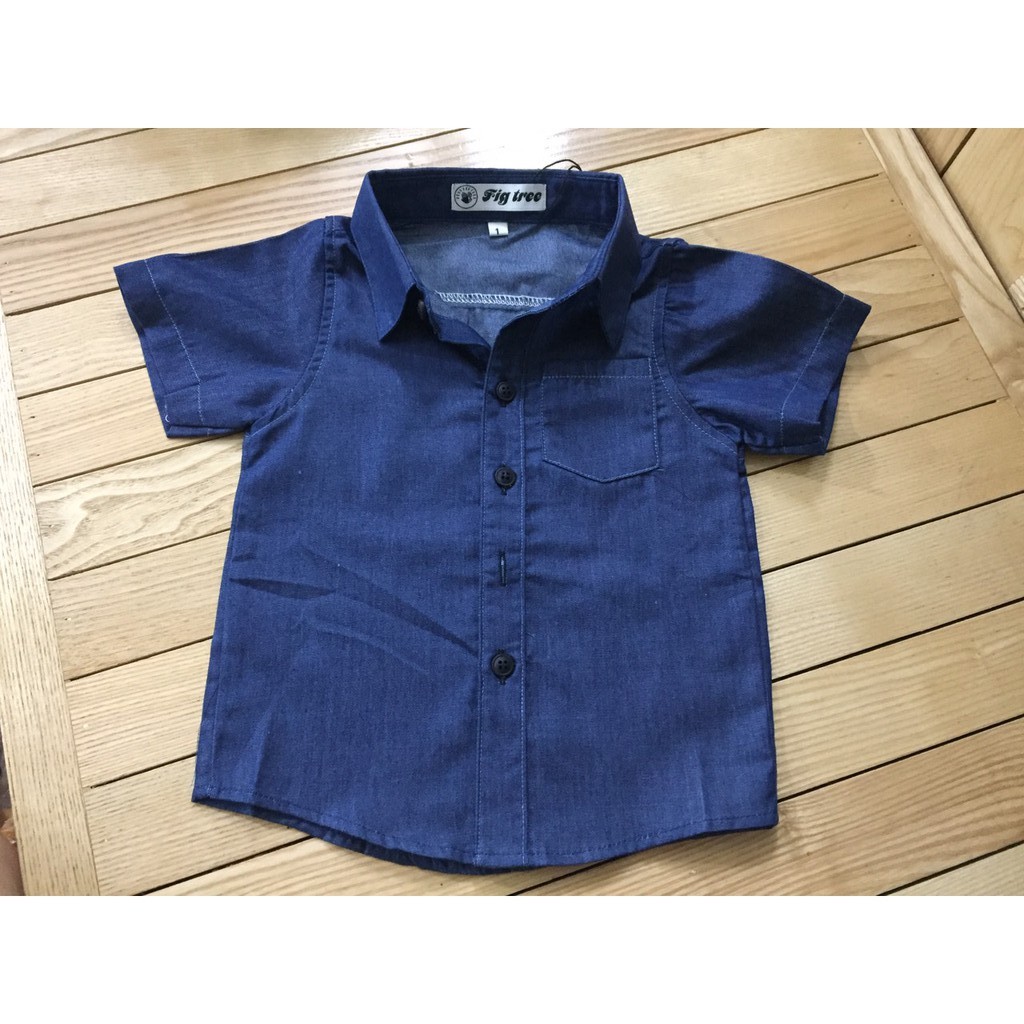 Áo sơ mi bé trai denim tay ngắn màu xanh đen FIG TREE