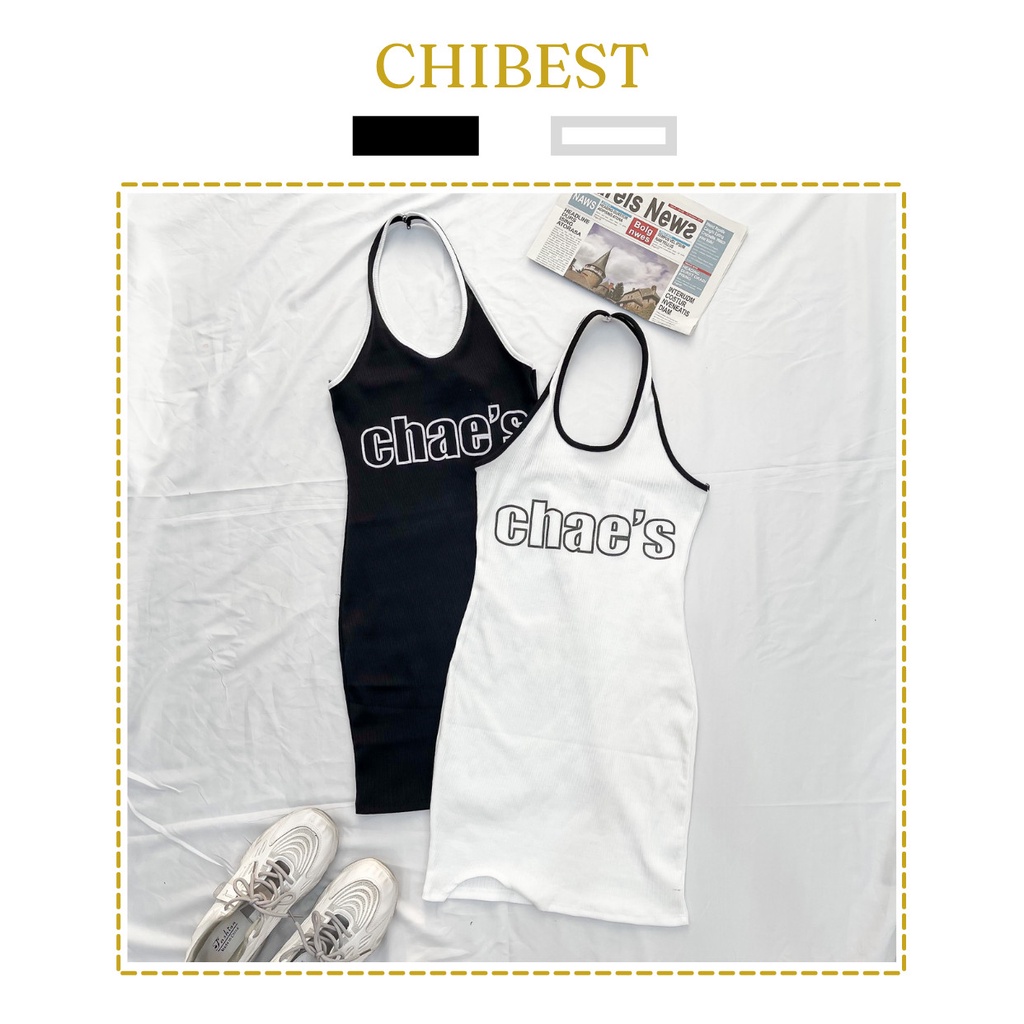 Đầm body sexy Đầm yếm body hở lưng  in chữ CHAE'S quyến rũ sang chảnh CHIBEST LDB32