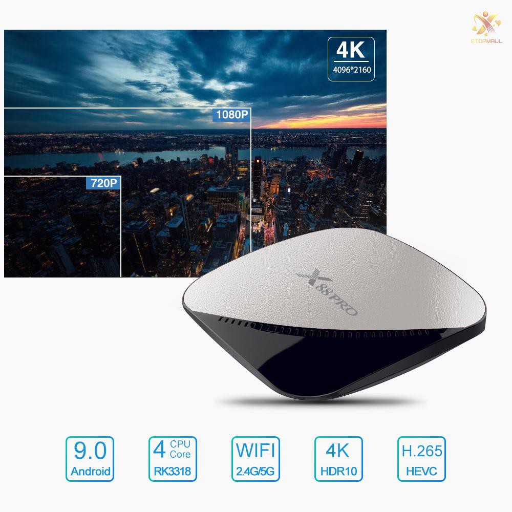 Bộ Tv Box X88 Pro Android 9.0 Rk3318 Lõi Tứ 64 Bit Uhd 4k Vp9 H.265 2gb / 16gb 2.4g / 5g