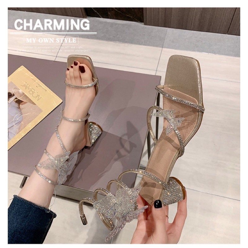 Sandal quấn lò xo ulzzang đính đá mũi vuông cao 6cm