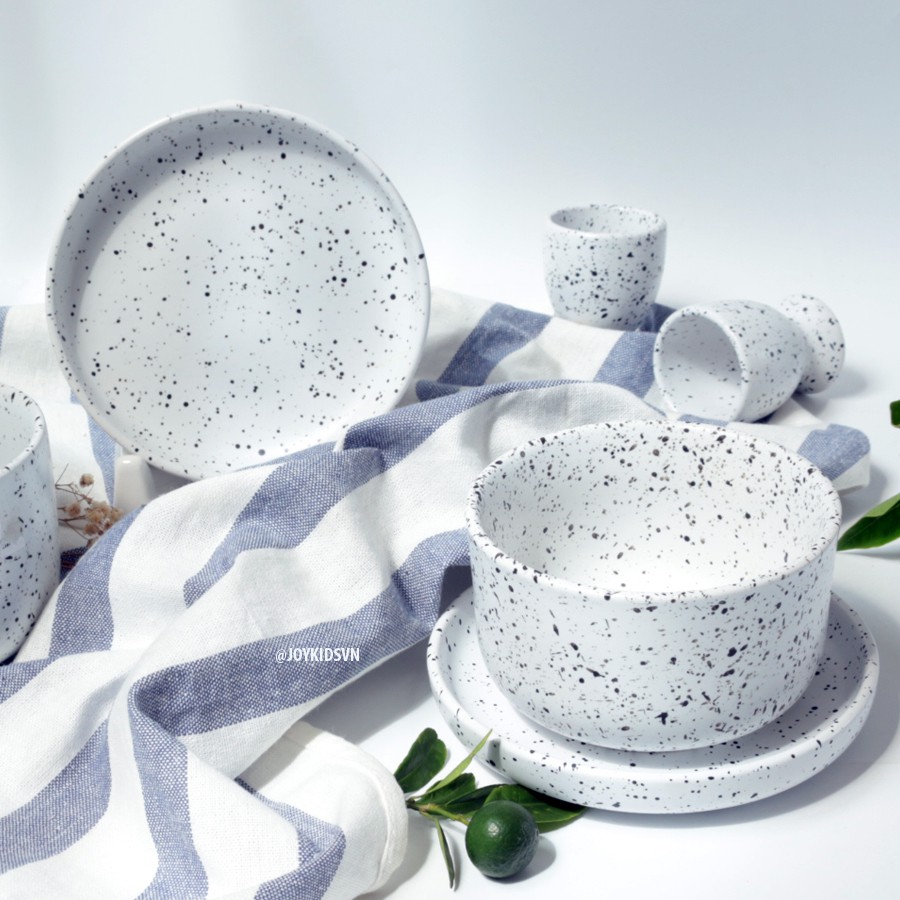 Bộ Ly dĩa gốm dotty | Bộ tách trà gốm trắng chấm đen có quai | Chậu gốm trồng cây - Dotty Ceramic