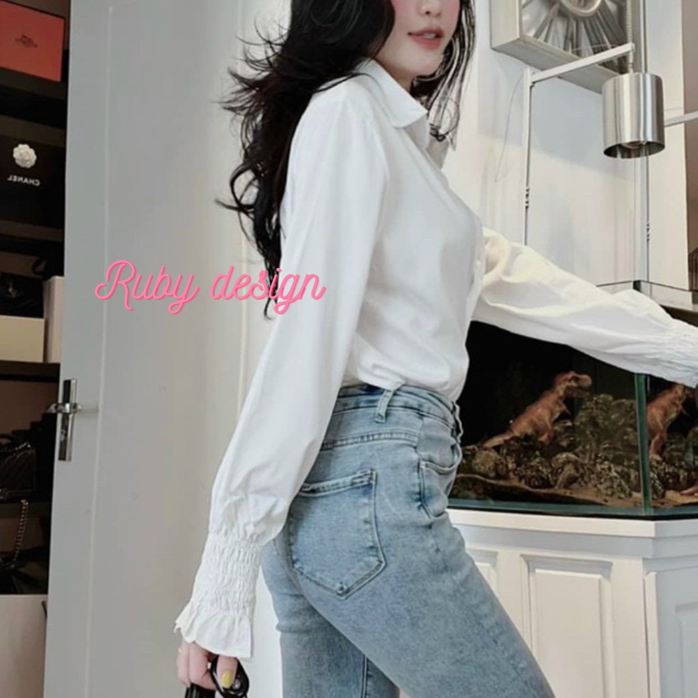 Áo sơ mi kiểu nữ áo sơ mi nữ tay chun màu trắng tay dài vải thô lụa mềm phong cách Hàn quốc Ruby Design