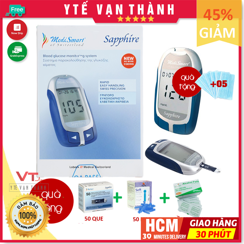 ✅ Máy Đo Đường Huyết: MediSmart Sapphire (Trọn Bộ 50 Que, 50 Kim, Tặng CỒN) -VT0587
