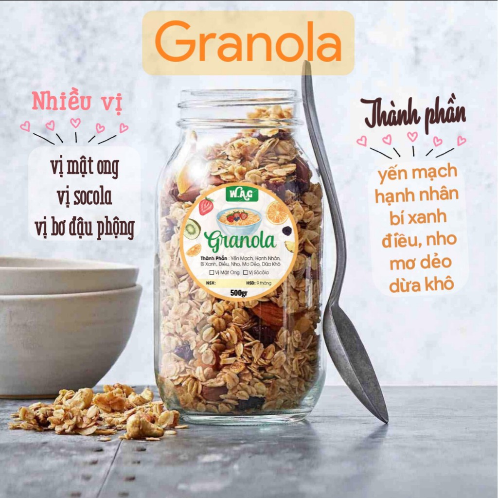 Granola 2 Vị (cao cấp), ngũ cốc ăn kiêng nhiều hạt (500gr) (70%hạt + 30% yến mạch)