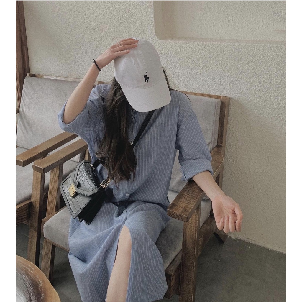 Váy sơ mi kẻ sọc, đầm maxi kẻ cổ bẻ vải thô mềm unisex kèm đai Daski