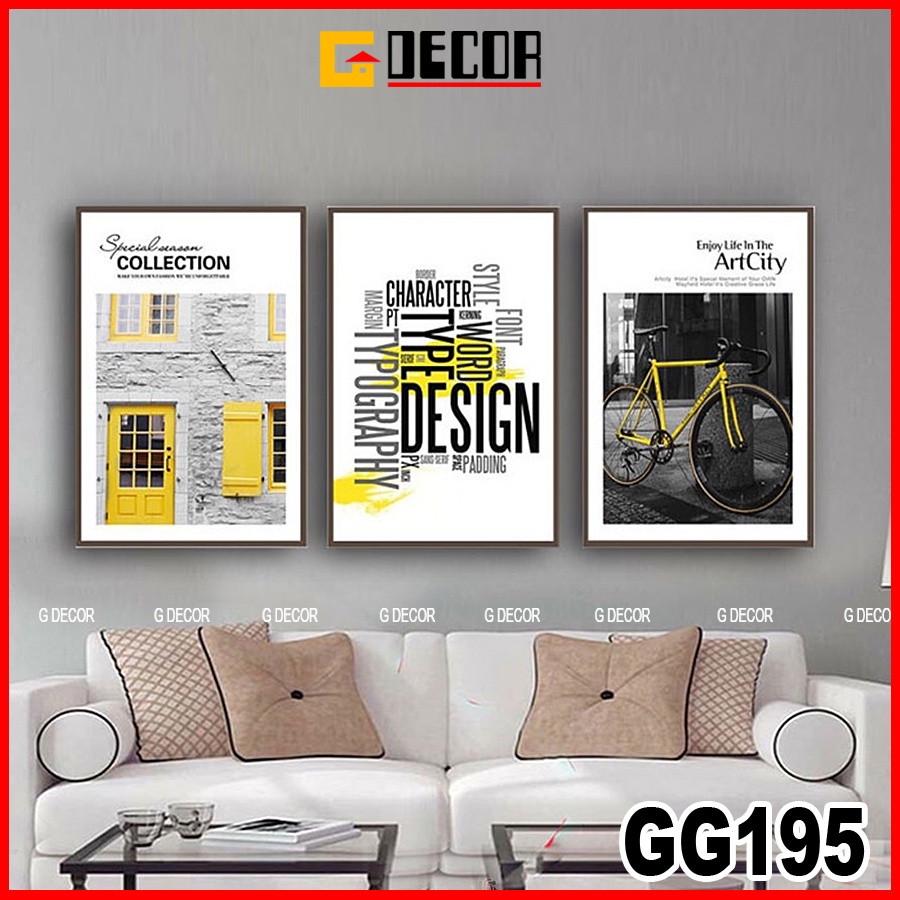 Tranh treo tường canvas khung gỗ 3 bức phong cách hiện đại Bắc Âu 195, tranh decor trang trí phòng khách, phòng ngủ, spa