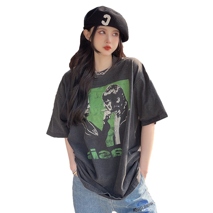 Áo Thun Ngắn Tay Cổ Tròn Dáng Rộng Thời Trang Retro Mỹ Cá Tính Cho Nữ